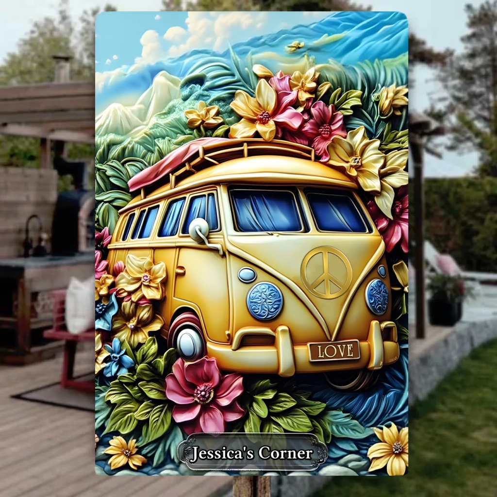 Floral Van Peace Sign - Personalized Hippie Rectangle Metal Sign 736466 - 736479 - DiyGiftly