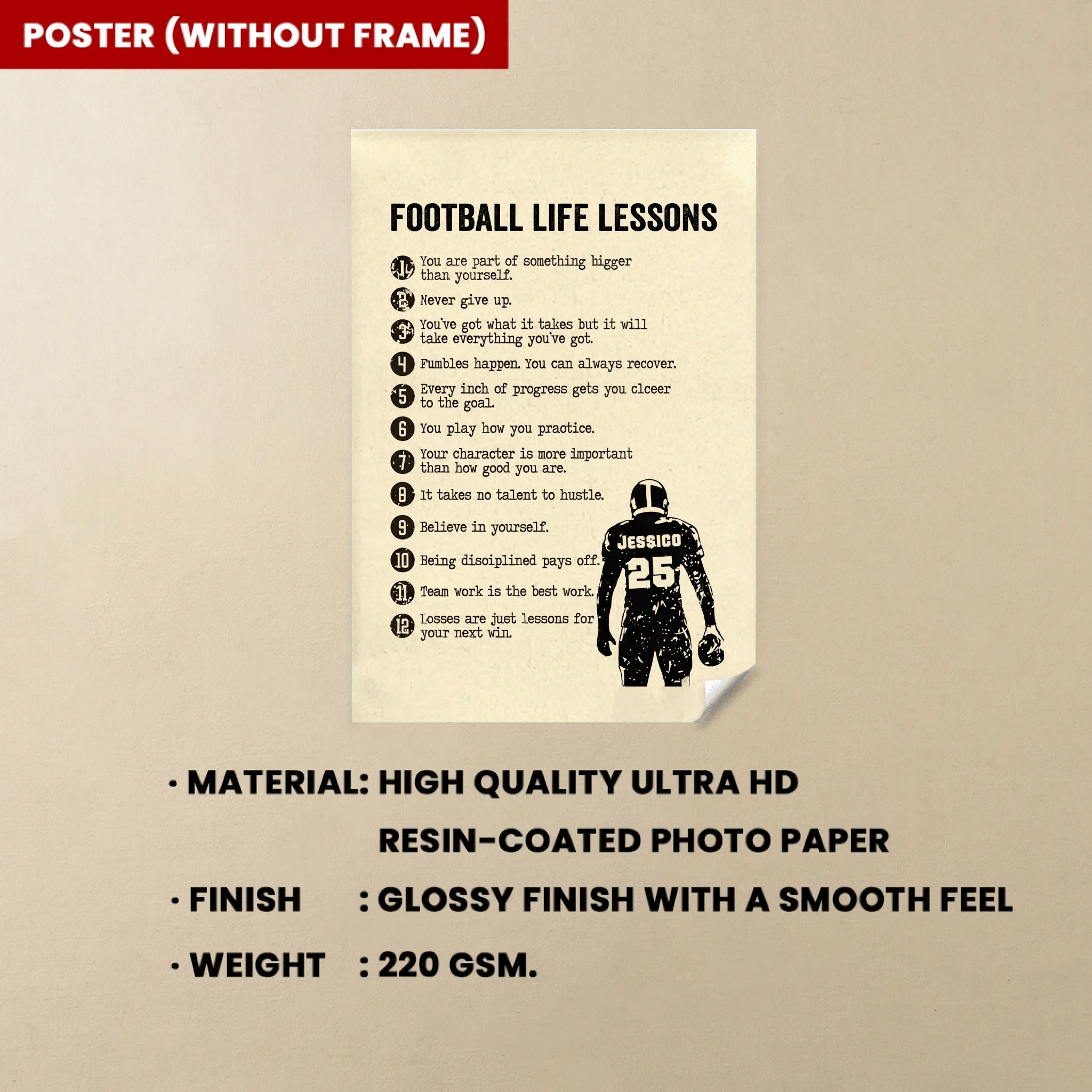 Football Life Lessons Art Print Qty 1 Sports Bedroom Inspirational Motivational room decor Birthday Present Personalized Senior Team Gift 739363 - 739365 - DiyGiftly