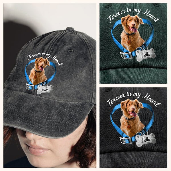 Forever In My Heart Memorial Hat – Custom Photo Washed Denim Baseball Cap, Personalized Remembrance Dad Cap Gift 91556096 - DiyGiftly