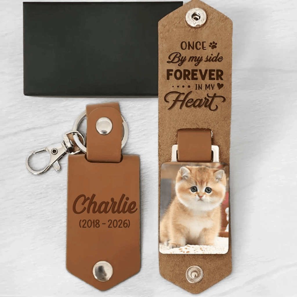 personalized leather photo keychain for cat memorial
