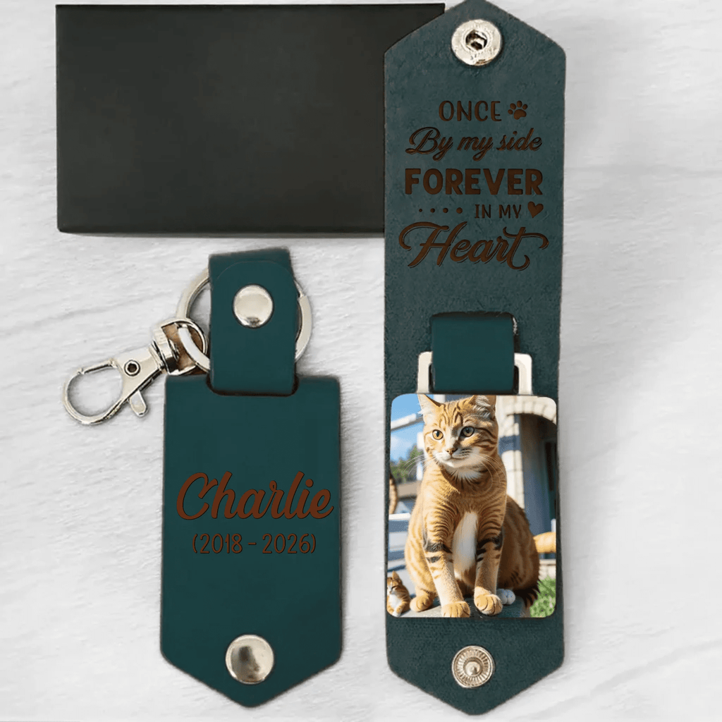 pet loss keepsake personalized leather photo keychain for cat memorial