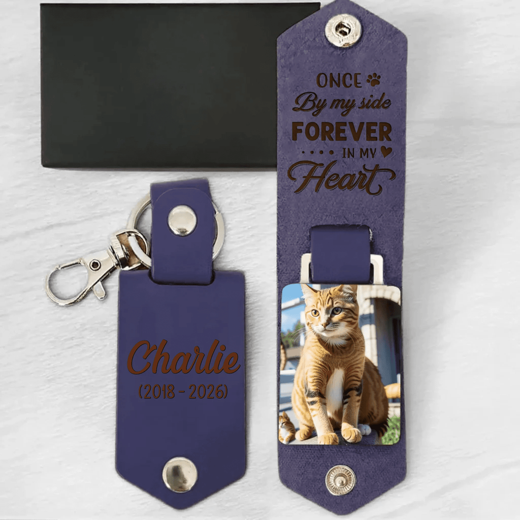 personalized leather photo keychain for cat memorial pet loss keepsake