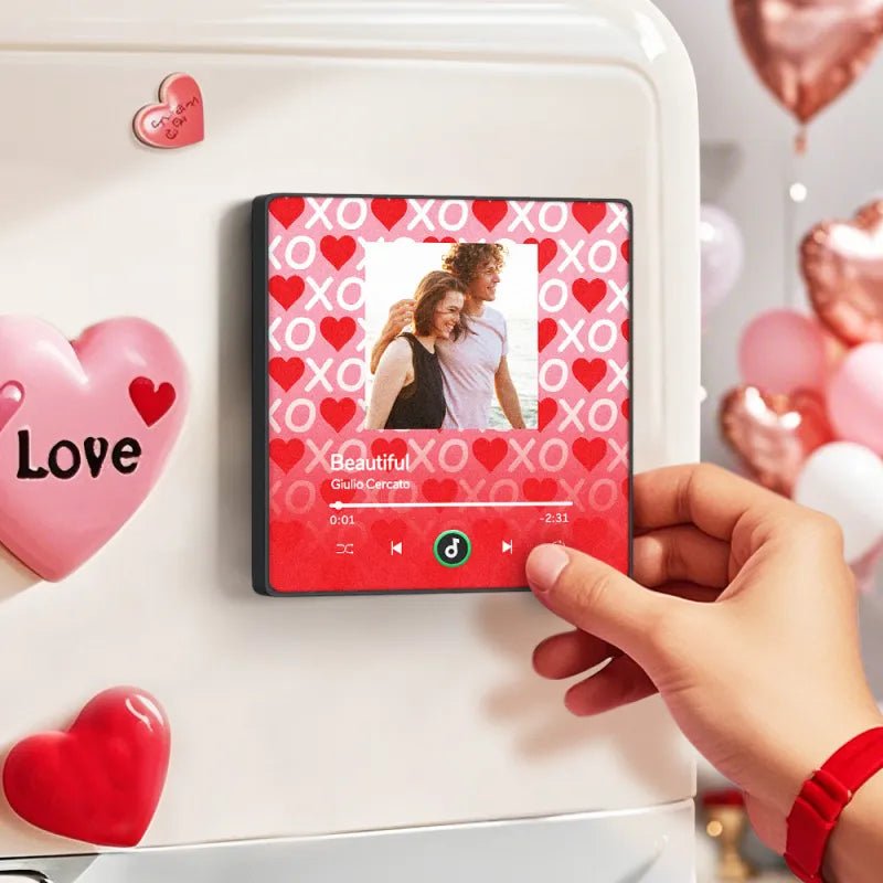 FridgeBeats Framed 4.0 Personalized Music Fridge Magnet XOXO with Red Hearts Valentines Gift Music Wall Photo Sticker Music Movement - DiyGiftly