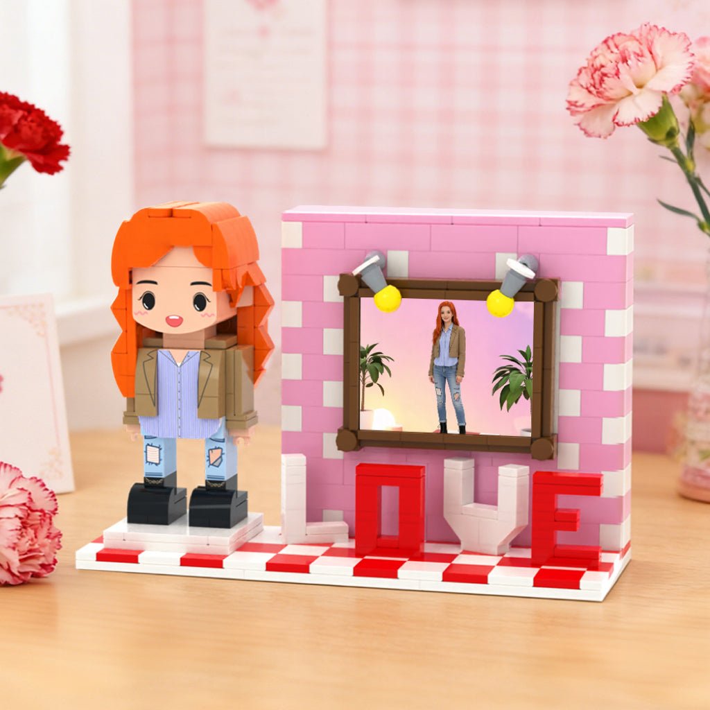 Full Body Custom 1 Person Cute Brick Figure with LOVE Personalized Photo Valentines Gift Anniversary Gift Mother's Day Gift - DiyGiftly