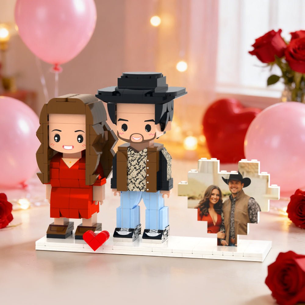 Full Body Custom 2 People Cute Brick Figure with Heart Photo Valentines Gift Anniversary Gift - DiyGiftly