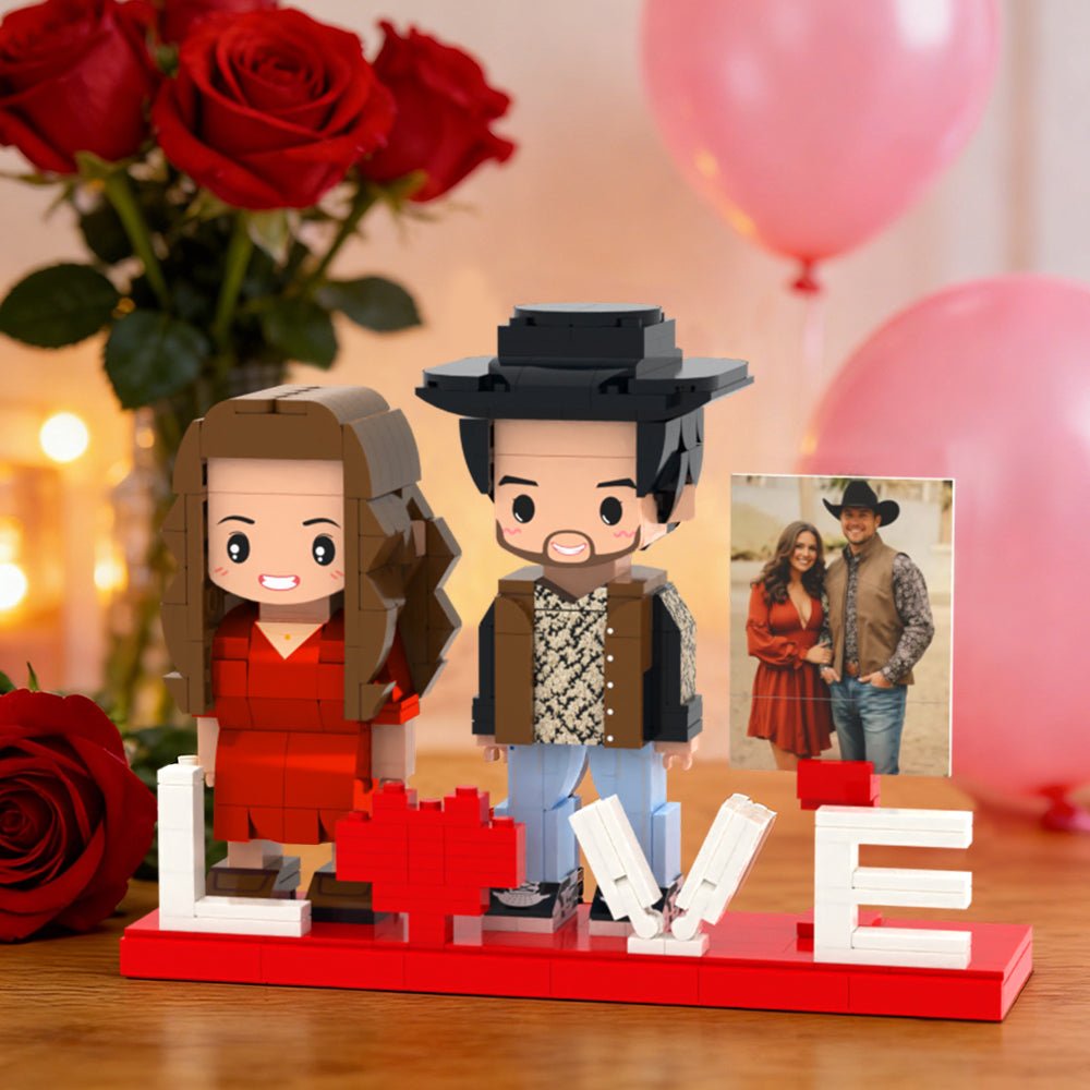 Full Body Custom 2 People Cute Brick Figure with LOVE Personalized Photo Valentines Gift Anniversary Gift - DiyGiftly