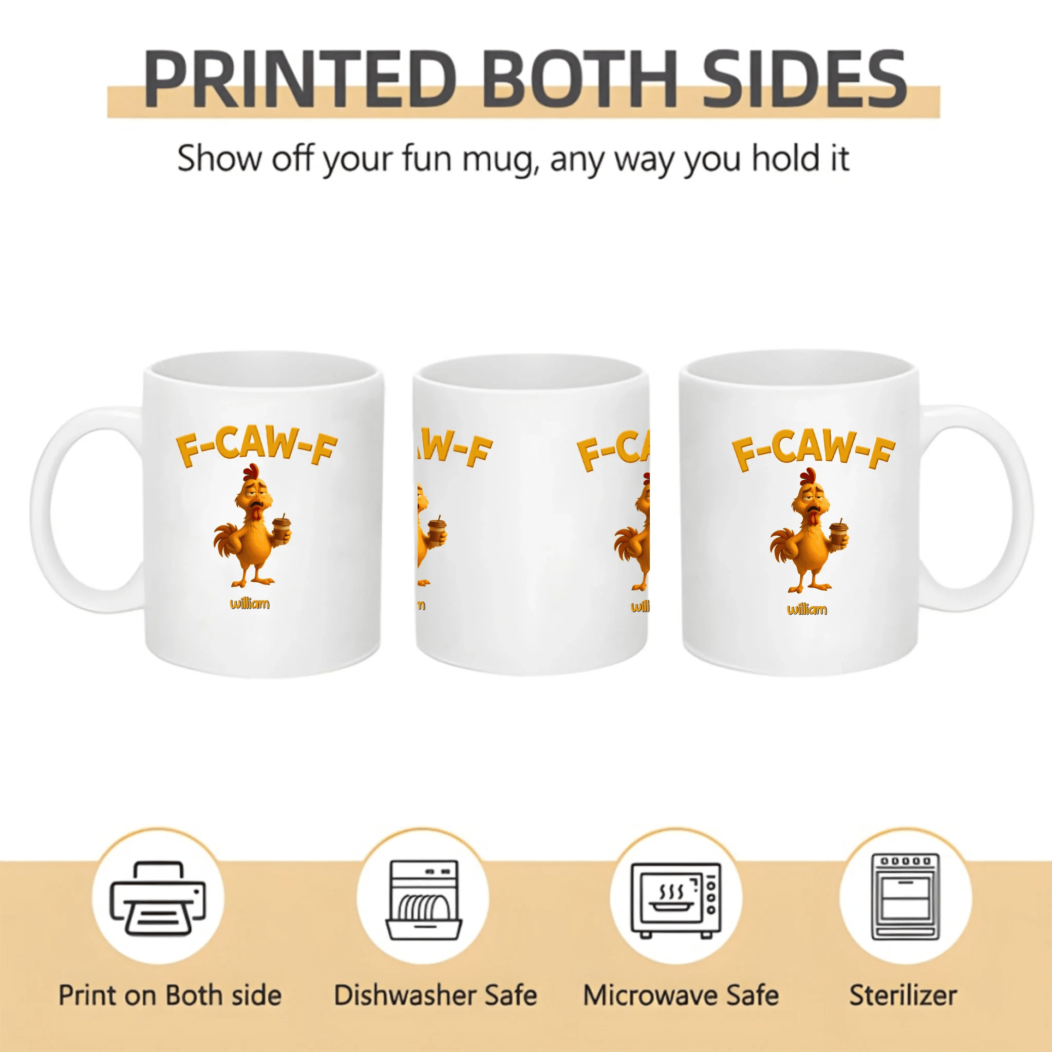 Funny Chicken F - Caw - F – Personalized Mug, Custom Name Coffee Cup, Sarcastic Chicken Gifts, Humorous Mug for Friends, Coworkers, Birthday & Christmas Gifts 1072704 - DiyGiftly