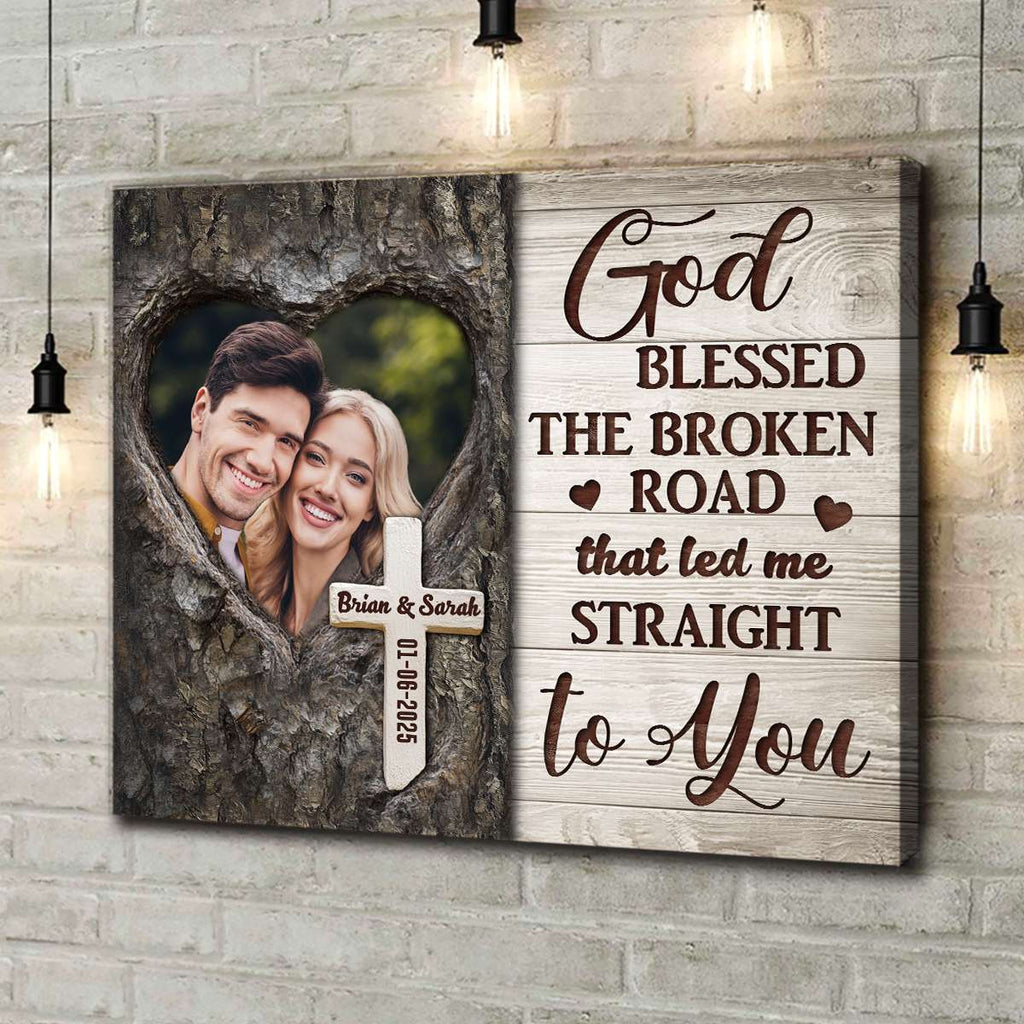 God Blessed The Broken Road Personalized Anniversary Canvas Photo Print – Custom Picture Wall Art with Names and Date, Romantic Christian Gift for Couples, Husband, Wife, or Newlyweds, Perfect for Wedding, Engagement, or Valentine’s Day 656256 - DiyGiftly