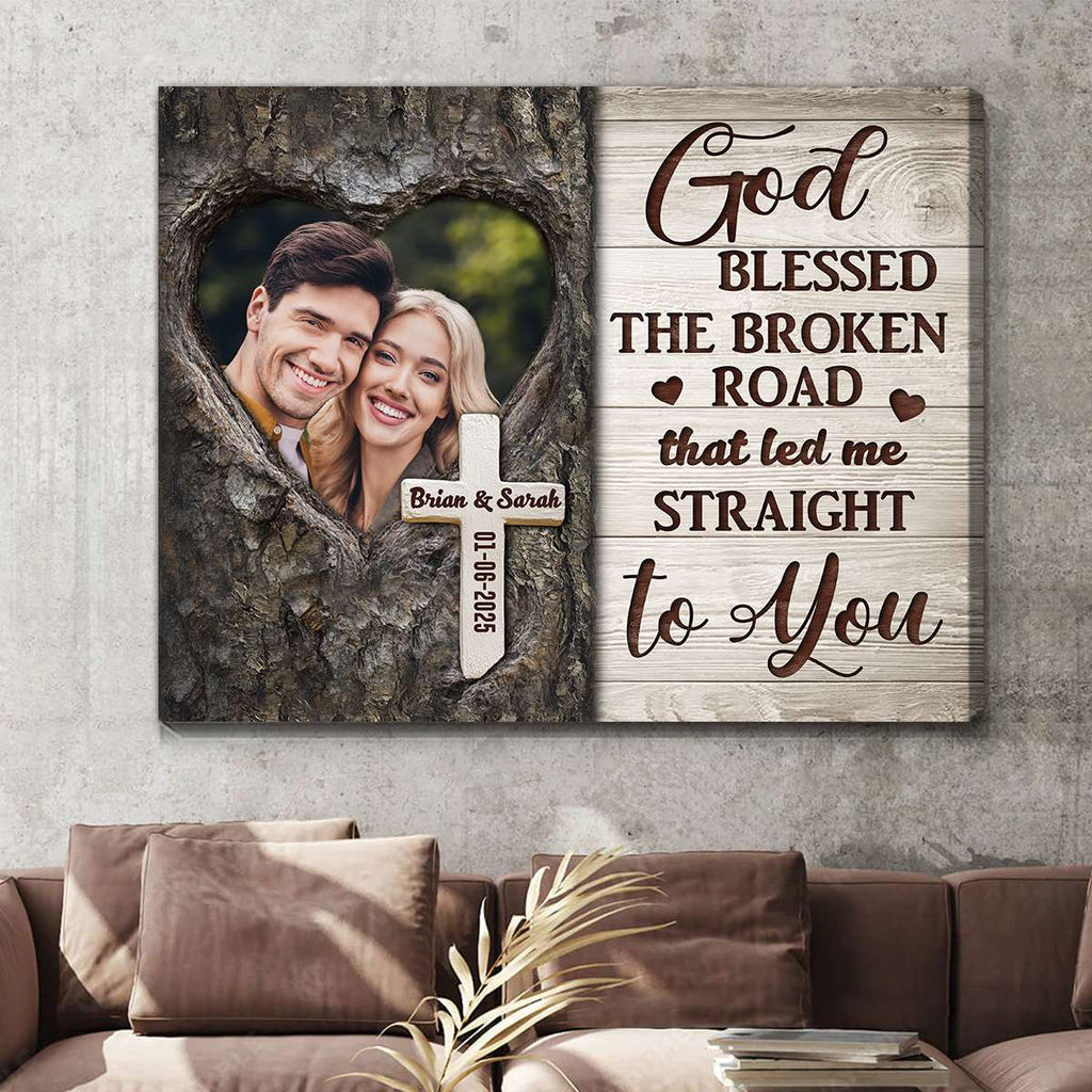 God Blessed The Broken Road Personalized Anniversary Canvas Photo Print – Custom Picture Wall Art with Names and Date, Romantic Christian Gift for Couples, Husband, Wife, or Newlyweds, Perfect for Wedding, Engagement, or Valentine’s Day 656256 - DiyGiftly