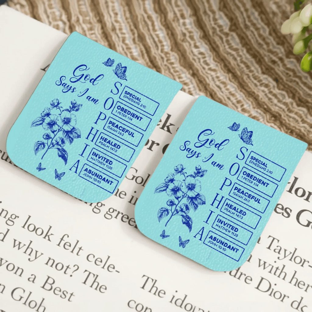 God Says I Am Name in the Bible Personalized Leather Magnetic Bookmark, Custom Toile de Jouy Style Christian Bookmark, Inspirational Scripture Gift, Custom Name Bible Verse Bookmark for Women, Men, Kids 1082245 - DiyGiftly