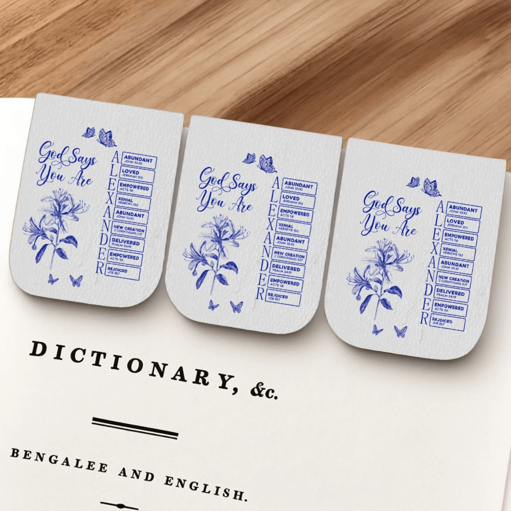 God Says I Am Name in the Bible Personalized Leather Magnetic Bookmark, Custom Toile de Jouy Style Christian Bookmark, Inspirational Scripture Gift, Custom Name Bible Verse Bookmark for Women, Men, Kids 1082245 - DiyGiftly