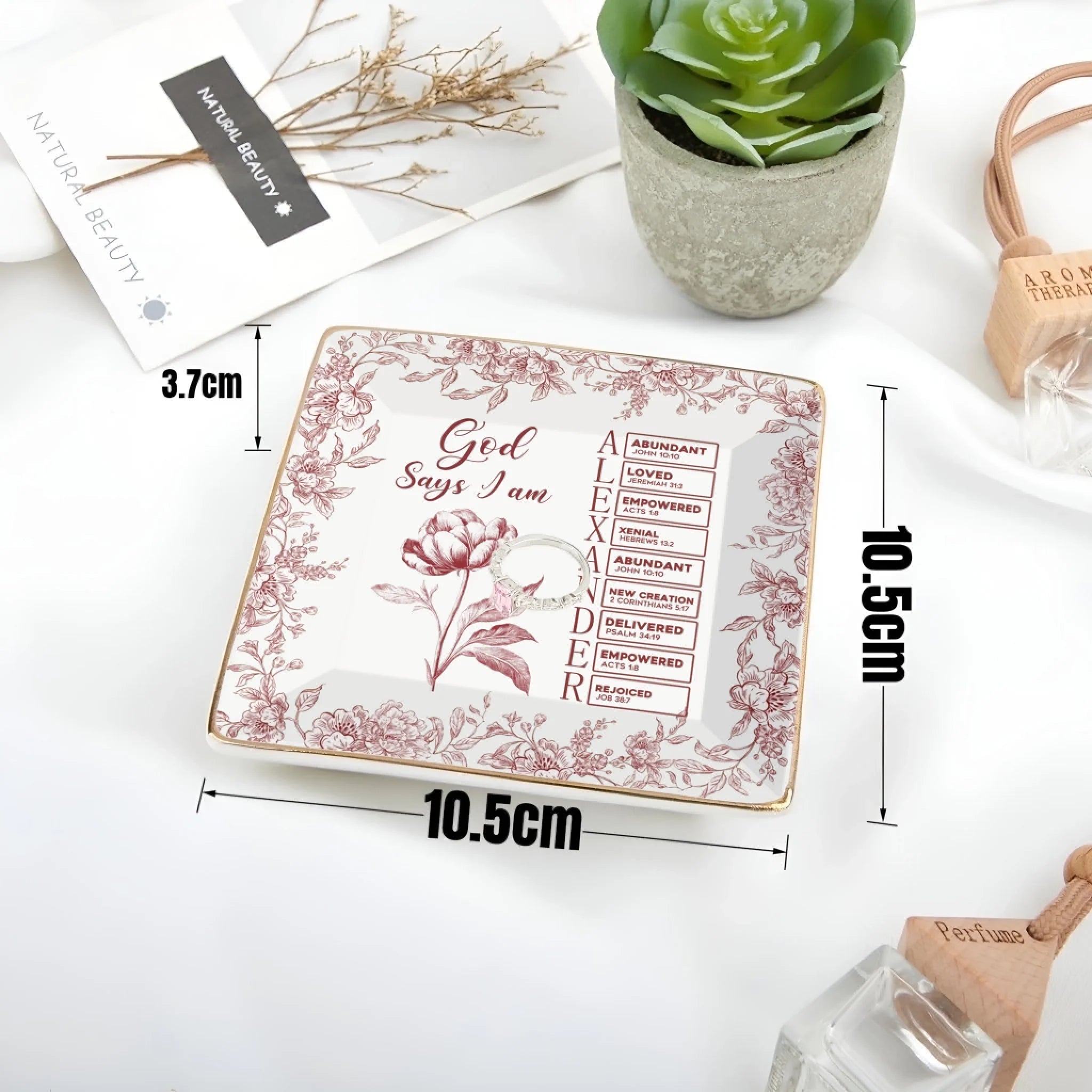 God Says I Am Personalized Jewelry Dish – Name Letter Bible Scripture Toile de Jouy Style Trinket Tray, Christian Faith Gift for Women, Girls, Birthday, Confirmation, Christmas Gift 1073871 - DiyGiftly