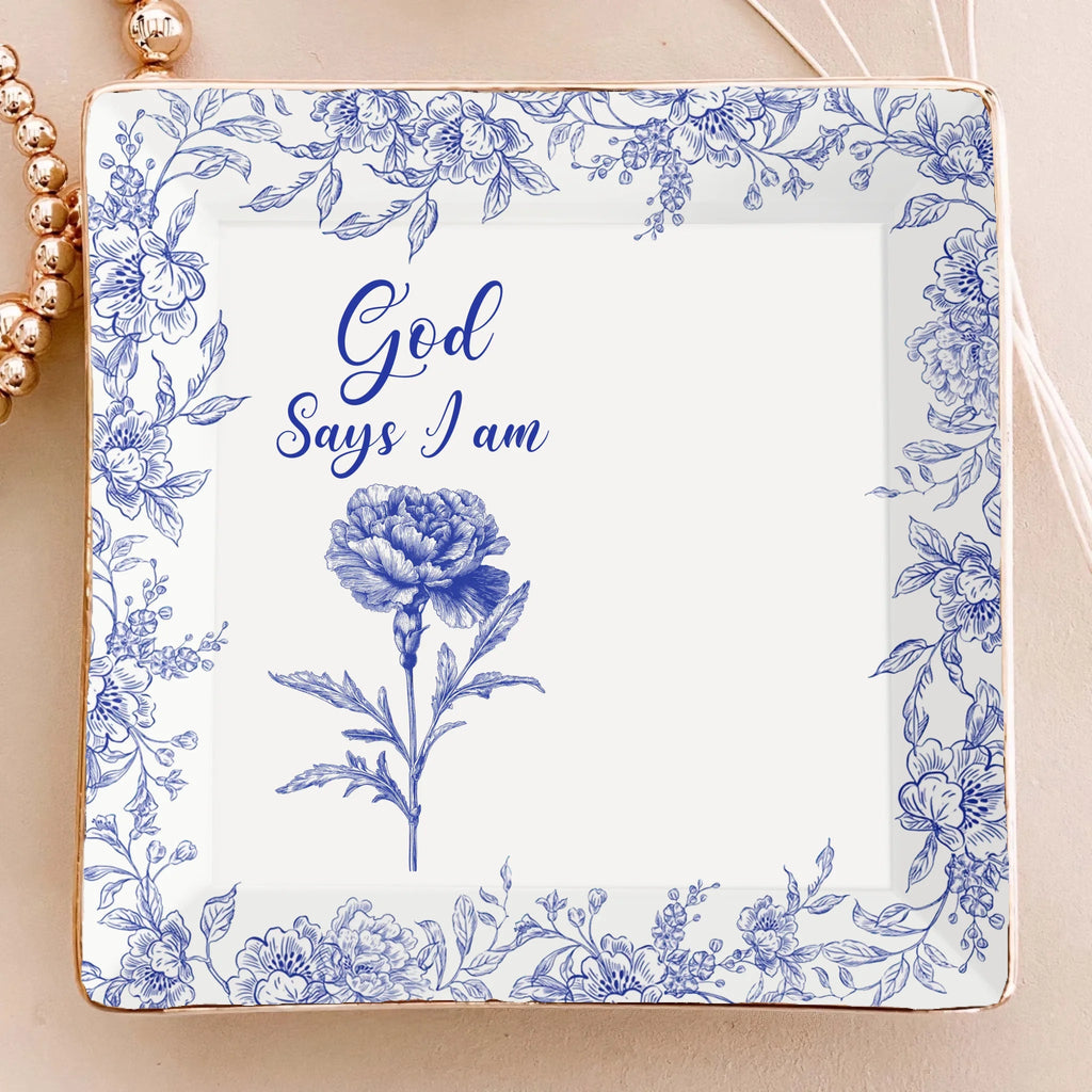 God Says I Am Personalized Jewelry Dish – Name Letter Bible Scripture Toile de Jouy Style Trinket Tray, Christian Faith Gift for Women, Girls, Birthday, Confirmation, Christmas Gift 1073871 - DiyGiftly