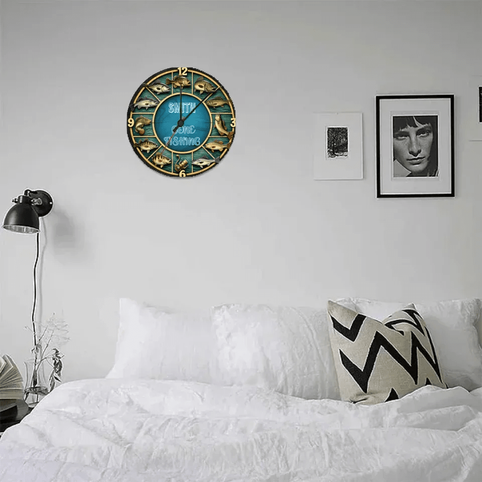 gone fishing time custom name wooden wall clock as a new home gift