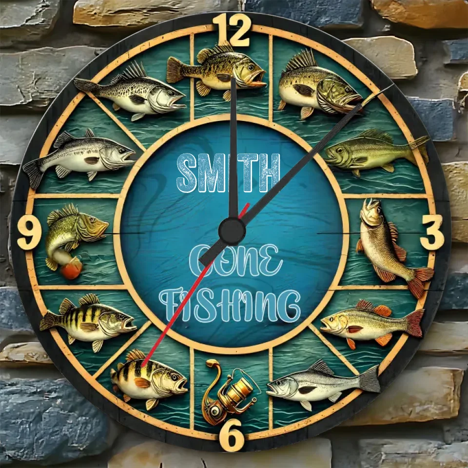 gone fishing time custom name wooden wall clock as a christmas gift