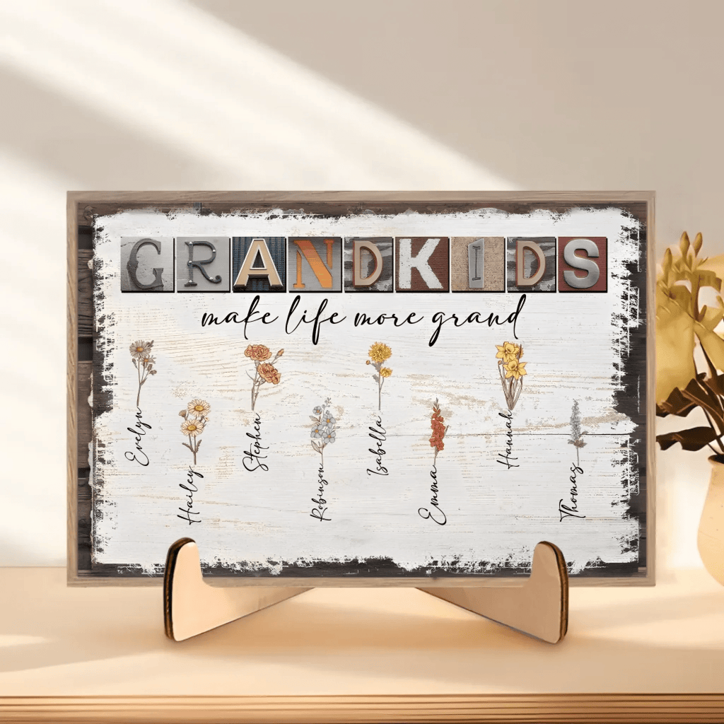 grandkids make life more grand wooden plaque personalized names birth flower artwork grandparents day gift