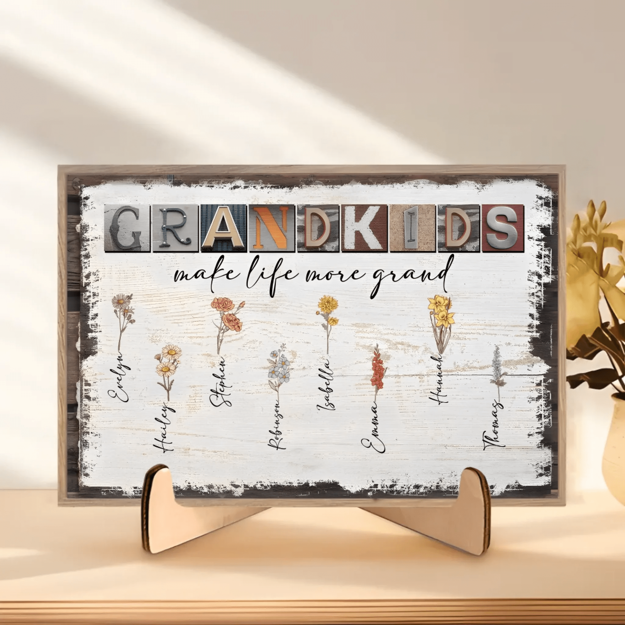 grandkids make life more grand wooden plaque personalized names birth flower artwork grandparents day gift