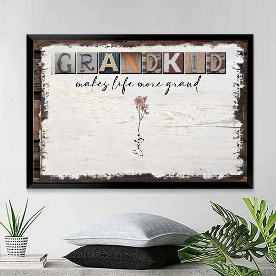 Grandkids Make Life More Grand - Personalized Wrapped Canvas - Birth Month Flowers 710303 - 711101 - DiyGiftly
