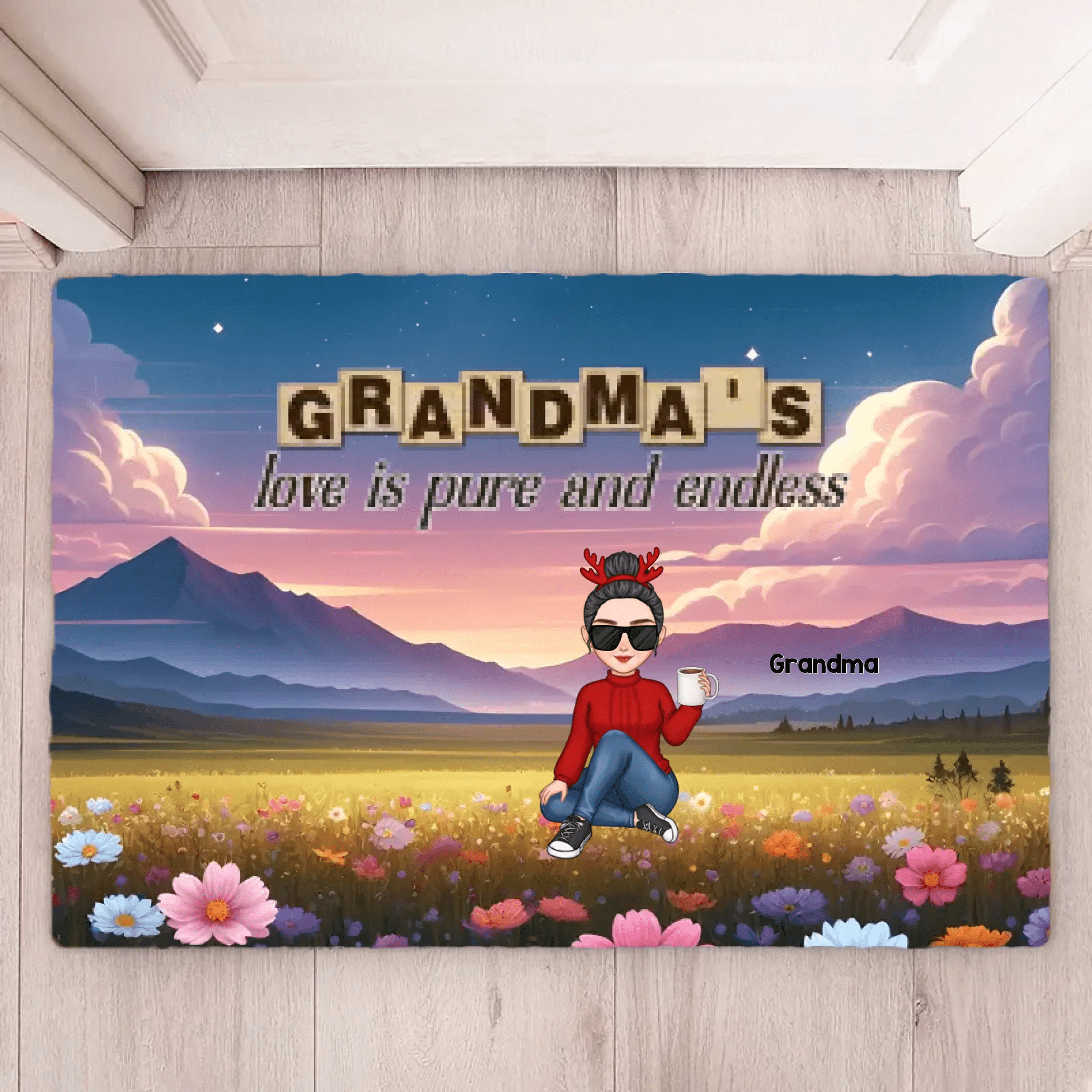 Grandma & Grandkid Sitting On Heart Pattern Moon - Personalized Mat 709174 - D - DiyGiftly