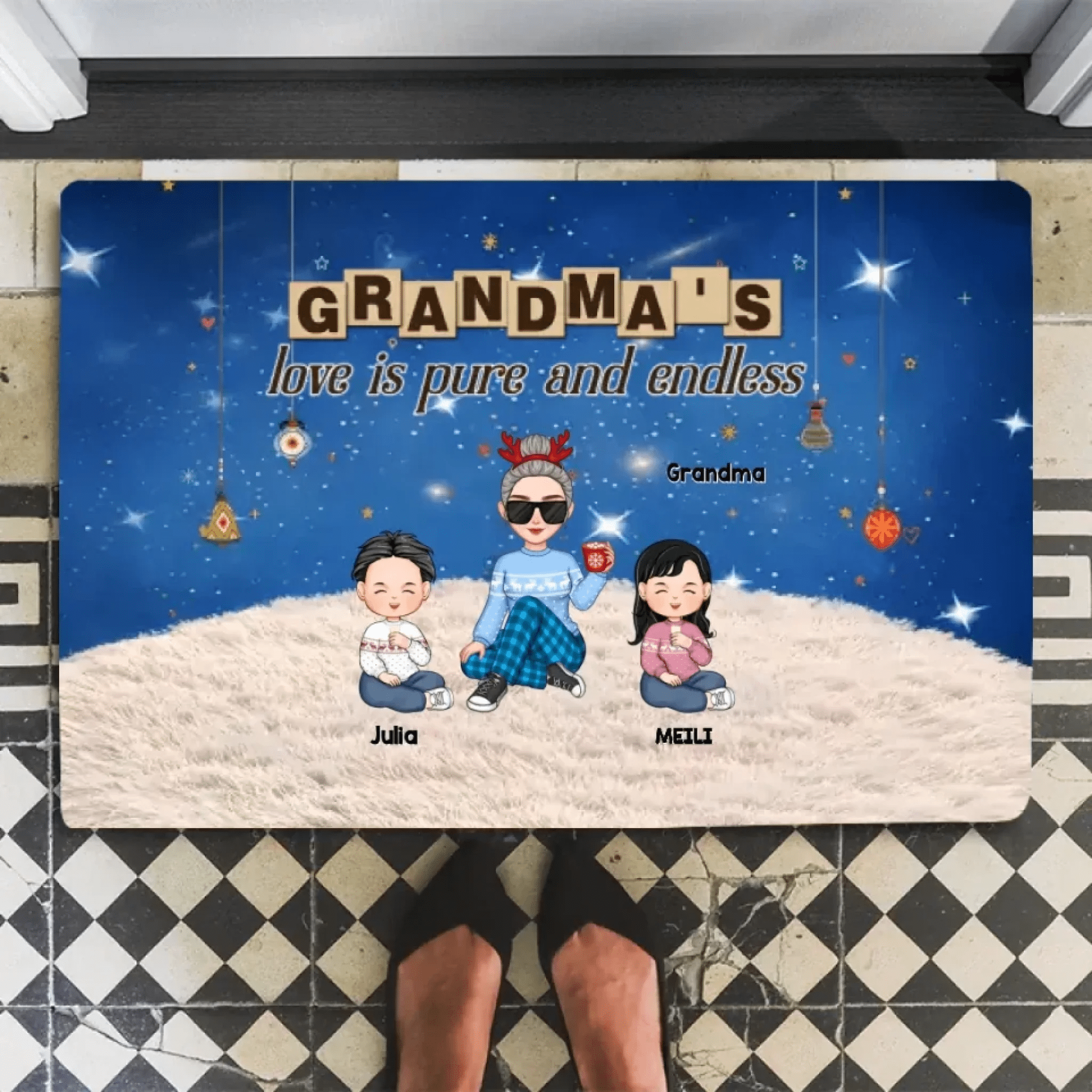 Grandma & Grandkid Sitting On Heart Pattern Moon - Personalized Mat 709174 - D - DiyGiftly