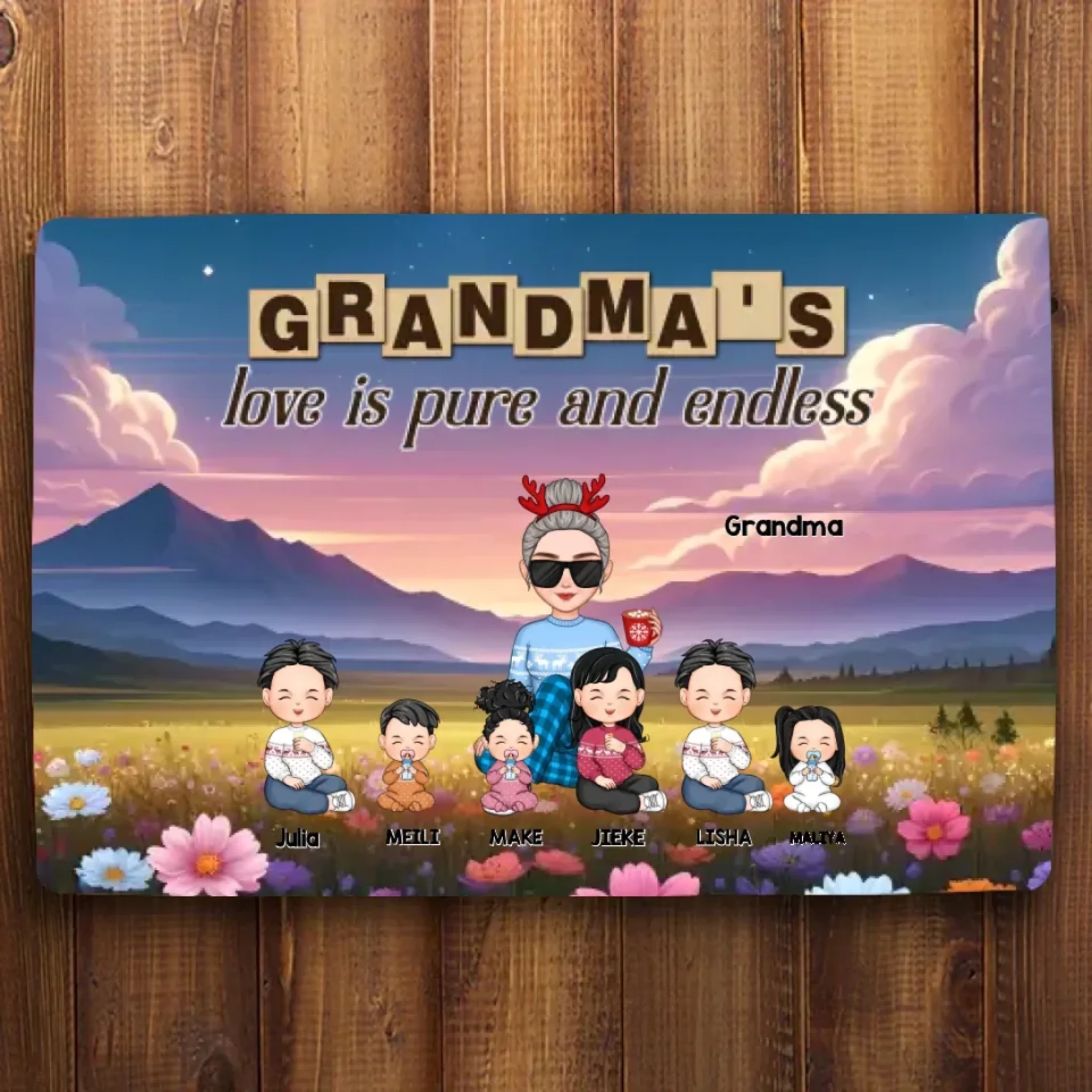 Grandma & Grandkid Sitting On Heart Pattern Moon - Personalized Mat 709174 - D - DiyGiftly
