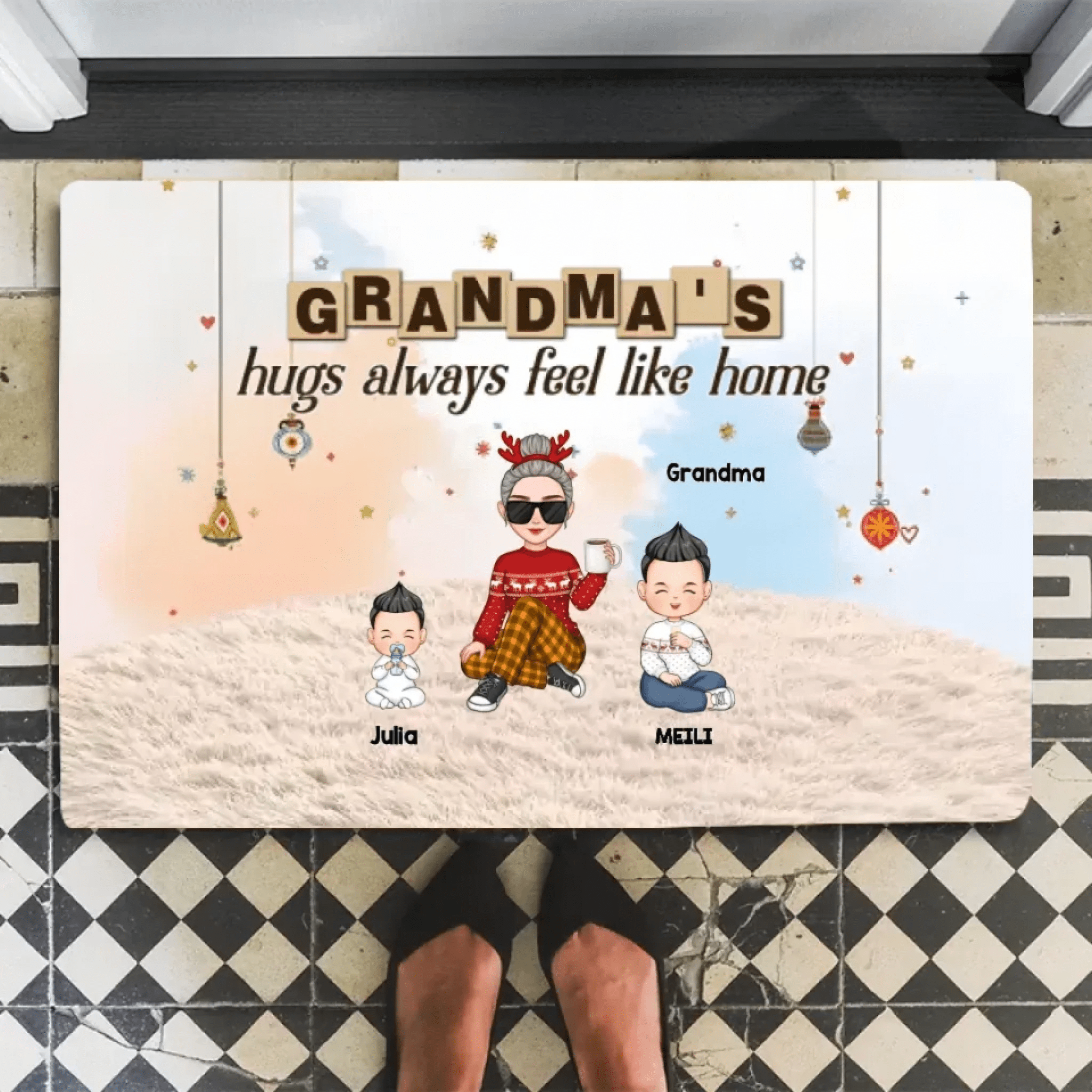 Grandma & Grandkid Sitting On Heart Pattern Moon - Personalized Mat 709174 - D - DiyGiftly