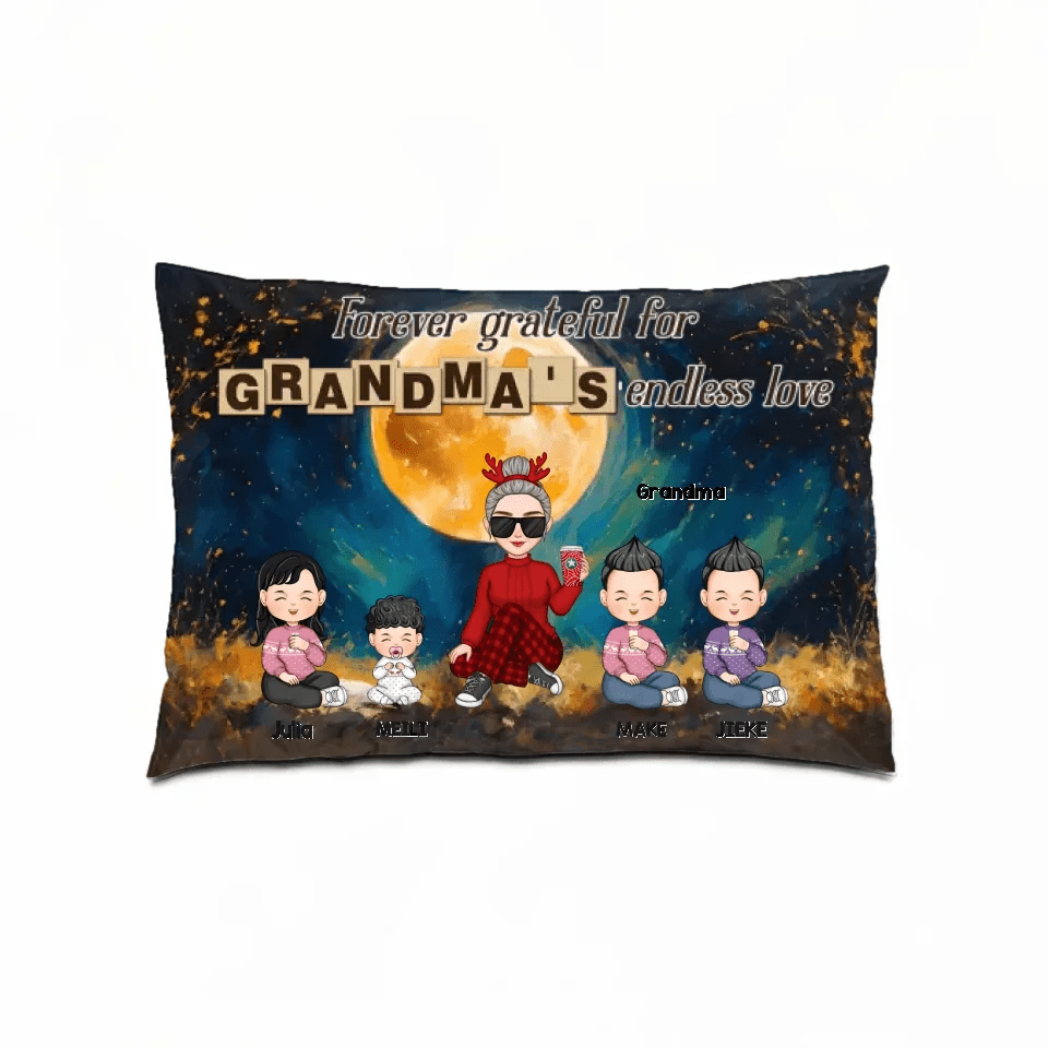 Grandma & Grandkid Sitting On Heart Pattern Moon - Personalized Pillow 714416 - B - DiyGiftly