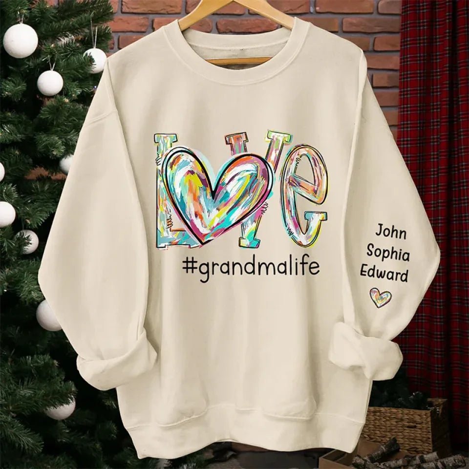 Personalized family names unisex sweatshirt sleeve print cozy fit christmas gift for grandparents