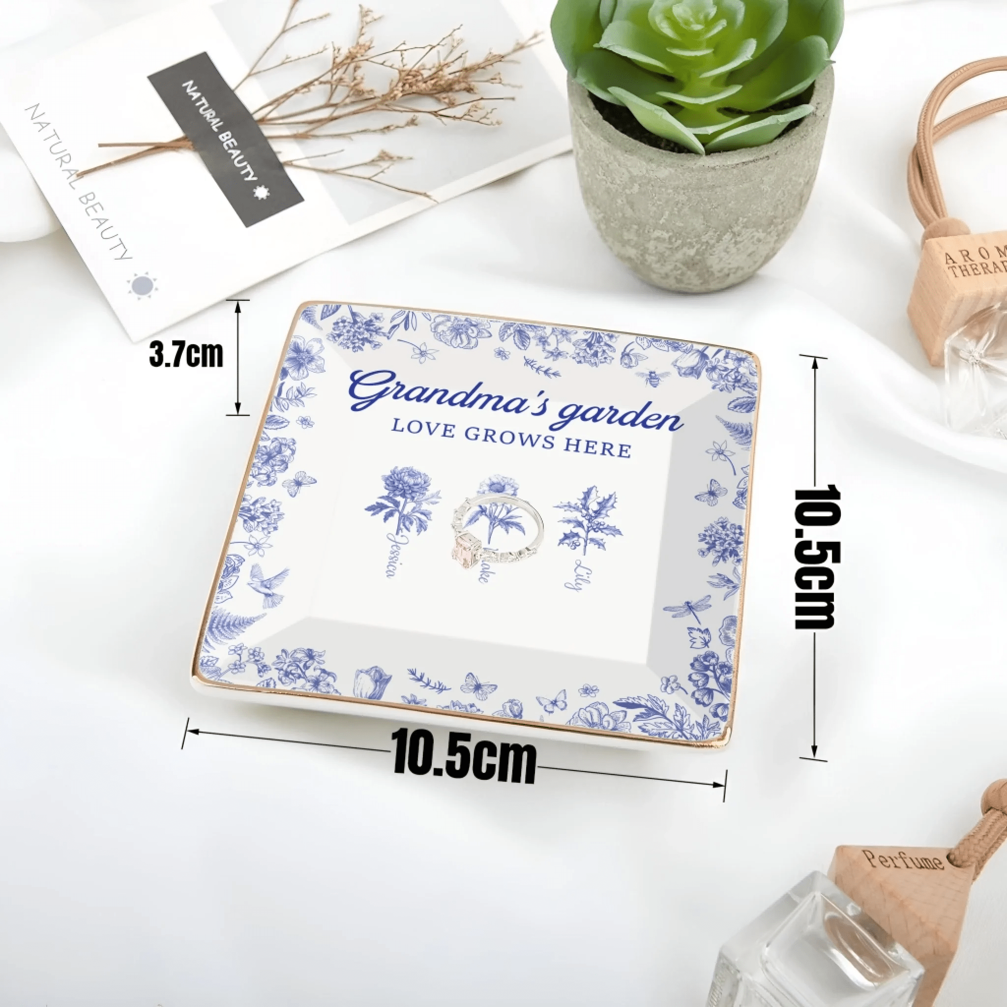Grandma’s Garden Custom Birth Flower Jewelry Dish – Personalized Toile de Jouy Trinket Tray with Kids’ Names – Unique Gift for Grandma, Nana, Mom, Mother’s Day, Birthday, Christmas Keepsake 1069326 - DiyGiftly