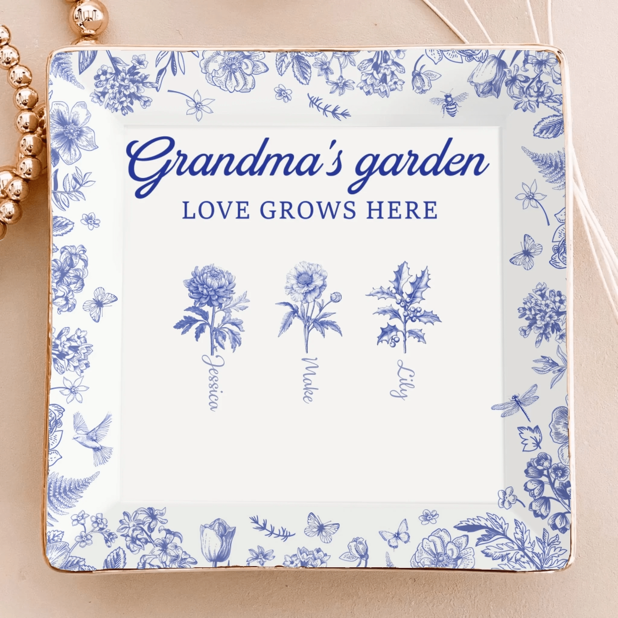 Grandma’s Garden Custom Birth Flower Jewelry Dish – Personalized Toile de Jouy Trinket Tray with Kids’ Names – Unique Gift for Grandma, Nana, Mom, Mother’s Day, Birthday, Christmas Keepsake 1069326 - DiyGiftly