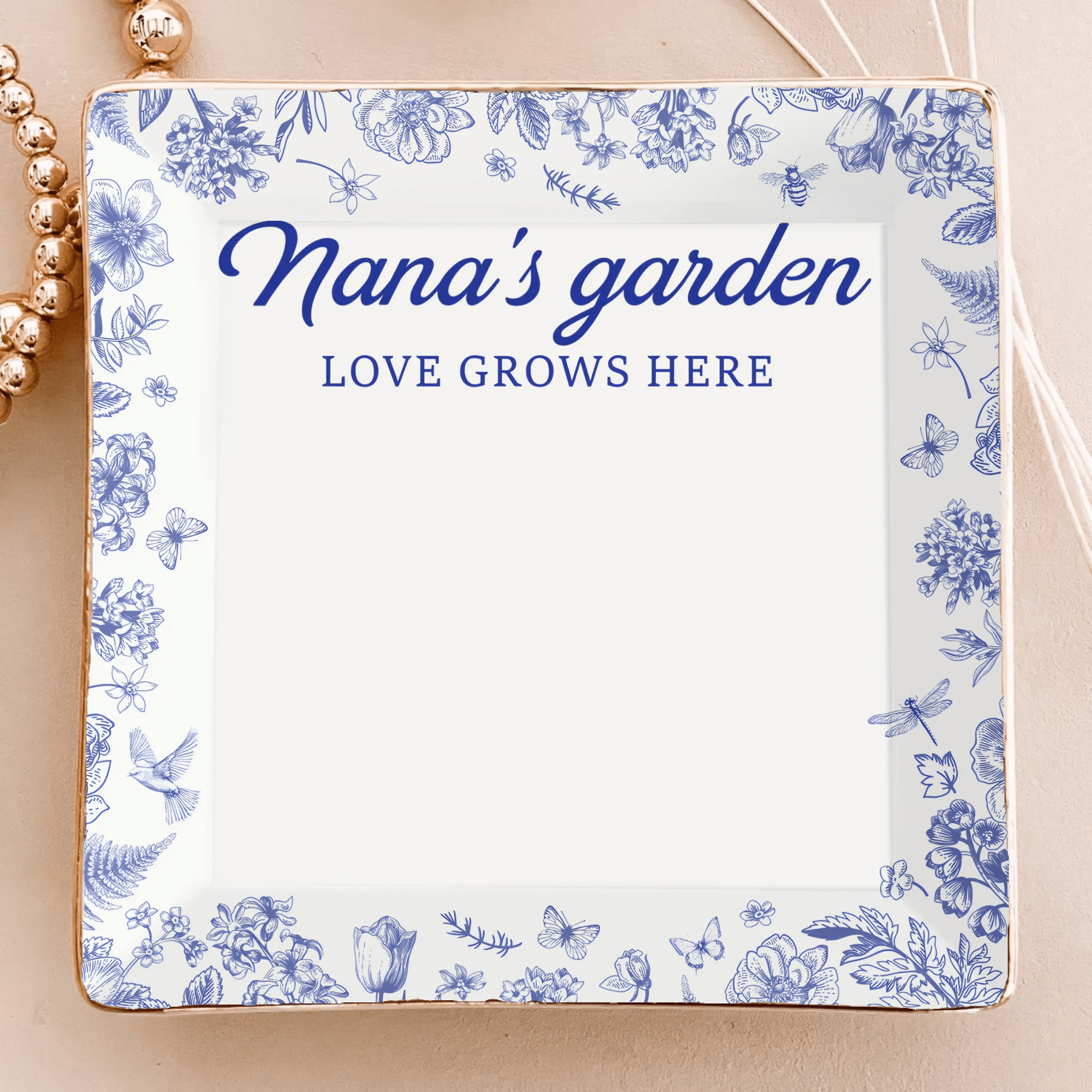 Grandma’s Garden Custom Birth Flower Jewelry Dish – Personalized Toile de Jouy Trinket Tray with Kids’ Names – Unique Gift for Grandma, Nana, Mom, Mother’s Day, Birthday, Christmas Keepsake 1069326 - DiyGiftly