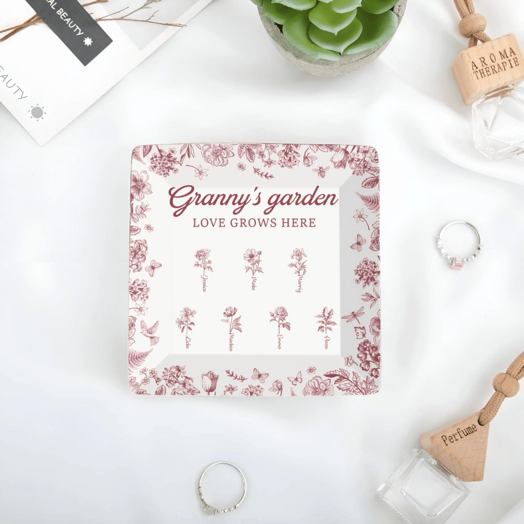 Grandma’s Garden Custom Birth Flower Jewelry Dish – Personalized Toile de Jouy Trinket Tray with Kids’ Names – Unique Gift for Grandma, Nana, Mom, Mother’s Day, Birthday, Christmas Keepsake 1069326 - DiyGiftly