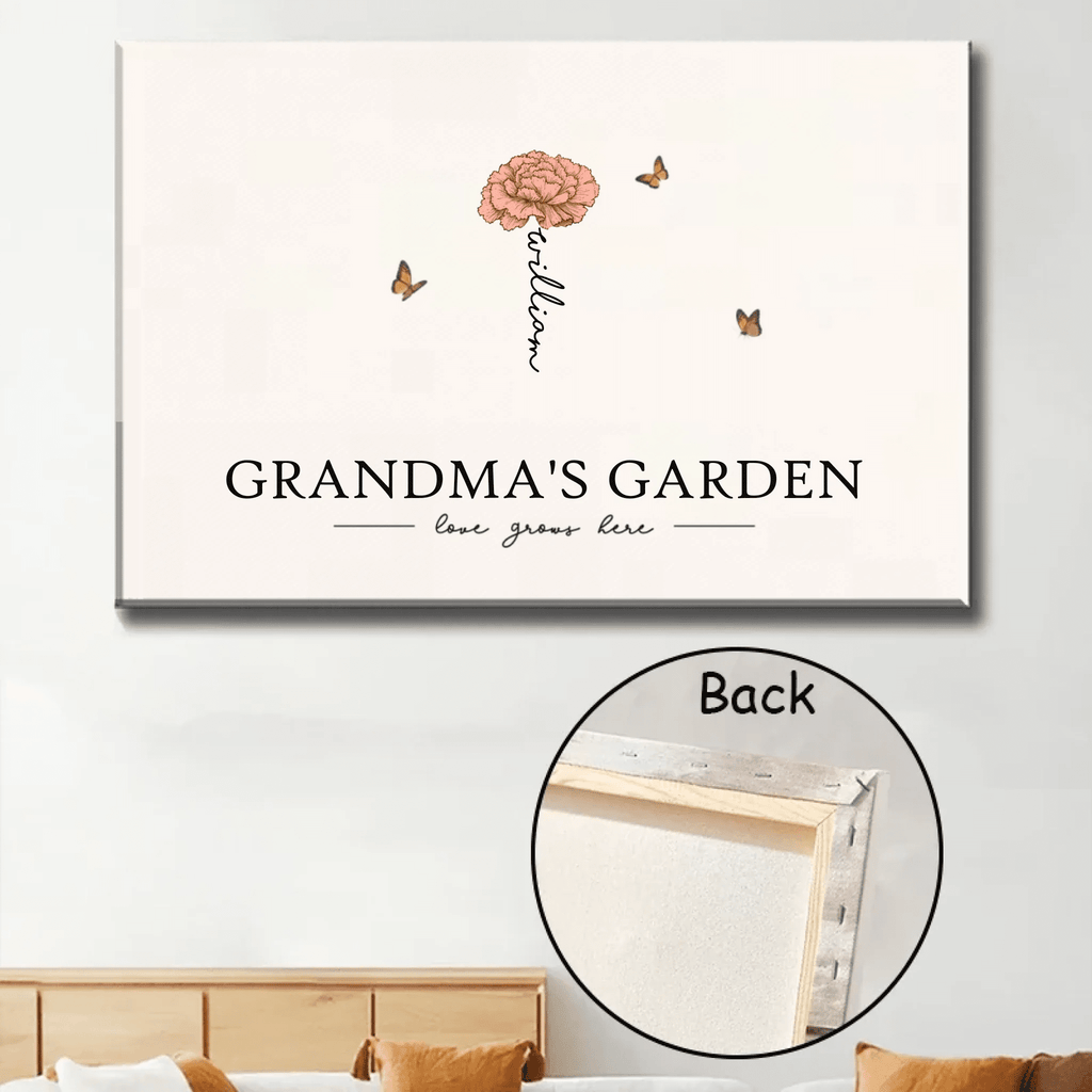personalized birth month flowers wood framed canvas Grandmas Garden Love Grows Here heartfelt home display