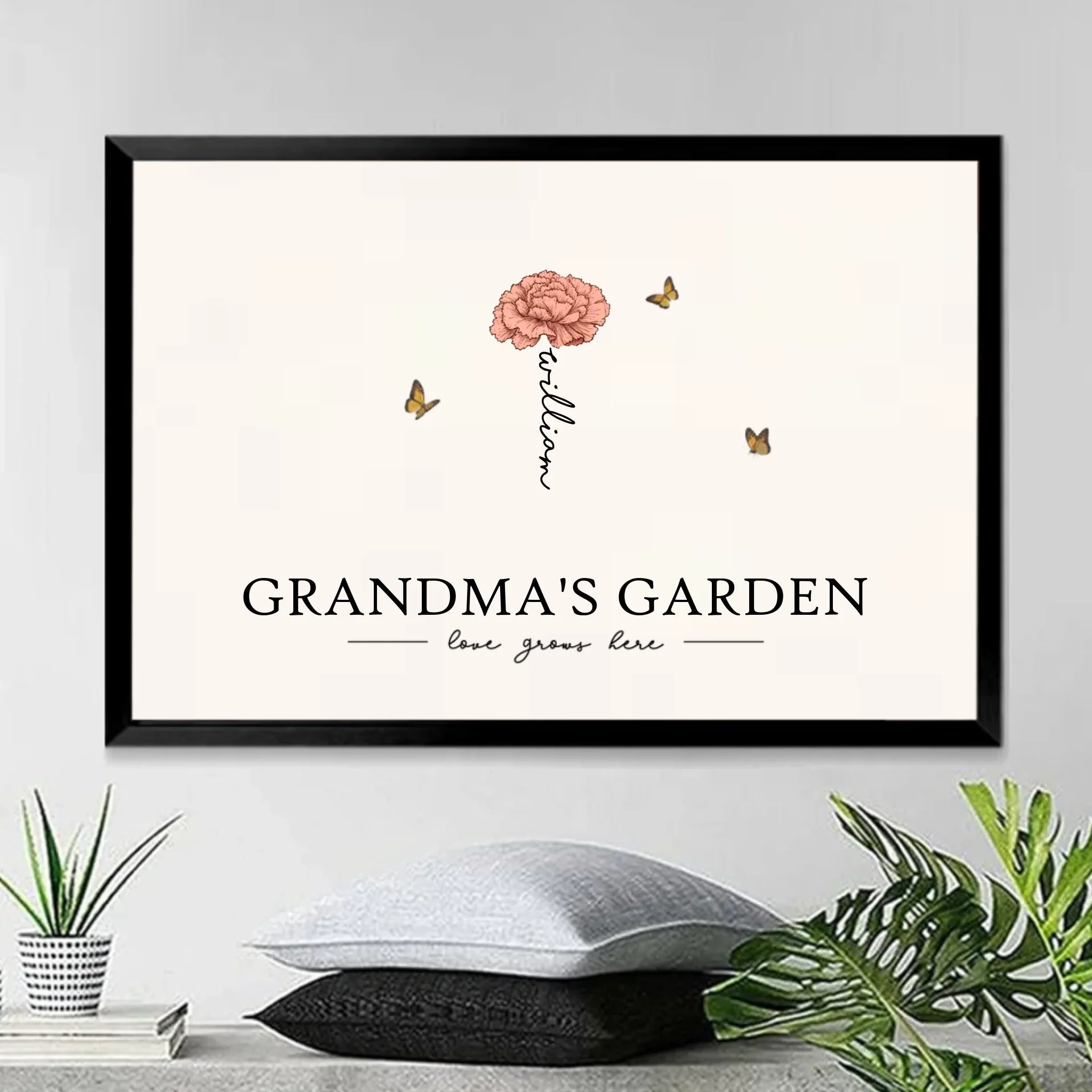 Grandmas Garden Love Grows Here wood framed canvas personalized birth month flowers