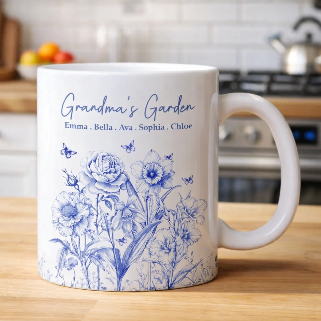 Grandmas garden toile coffee mug personalized birth flower ceramic mug