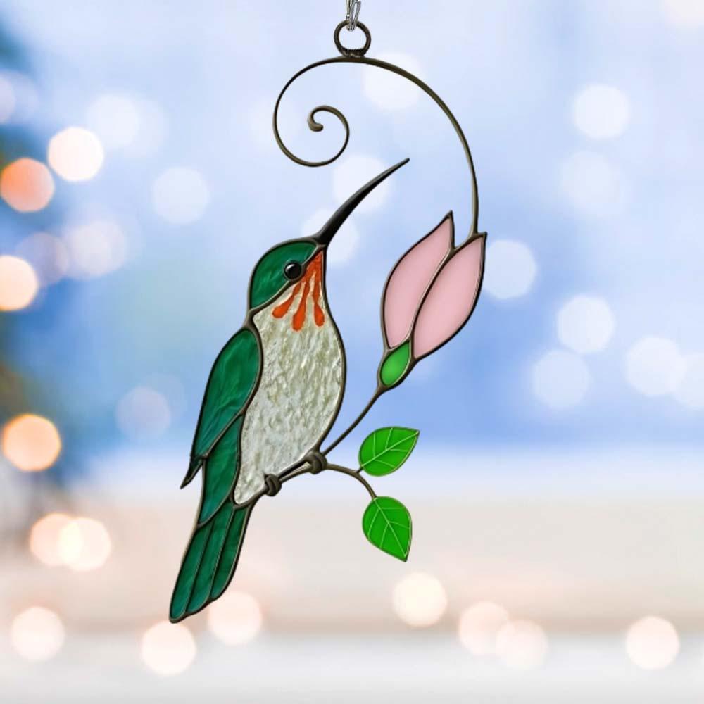 Green Glass Bird Suncatcher with Pink Bud Window Decor Hanging Ornaments Handmade Gift - DiyGiftly