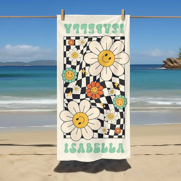 Groovy Daisy Checkered Personalized Beach Towel, Retro Custom Pool Towel, Hippie Birthday Vacation Gift, 70's Bachelorette Bridesmaid towel 29849088 - DiyGiftly