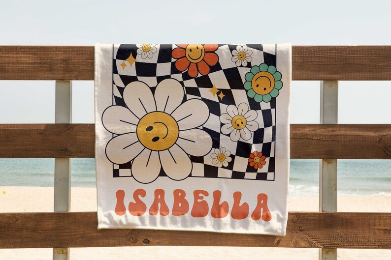 Groovy Daisy Checkered Personalized Beach Towel, Retro Custom Pool Towel, Hippie Birthday Vacation Gift, 70's Bachelorette Bridesmaid towel 29849088 - DiyGiftly