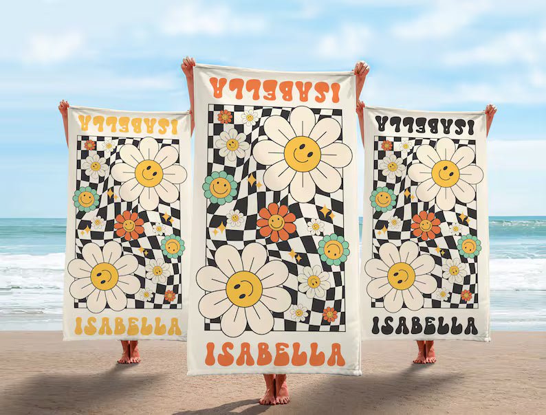 Groovy Daisy Checkered Personalized Beach Towel, Retro Custom Pool Towel, Hippie Birthday Vacation Gift, 70's Bachelorette Bridesmaid towel 29849088 - DiyGiftly