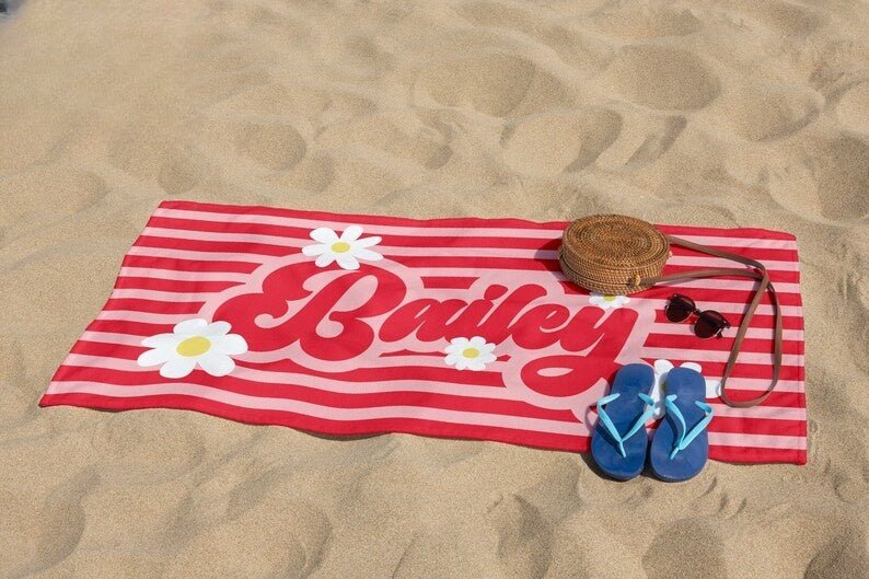 Groovy Daisy Retro Style Custom Beach Towel,Daisy Party Favors Kids Striped Personalized Name Pool Towel, 70s Hippie Birthday Vacation Gift 16004608 - DiyGiftly