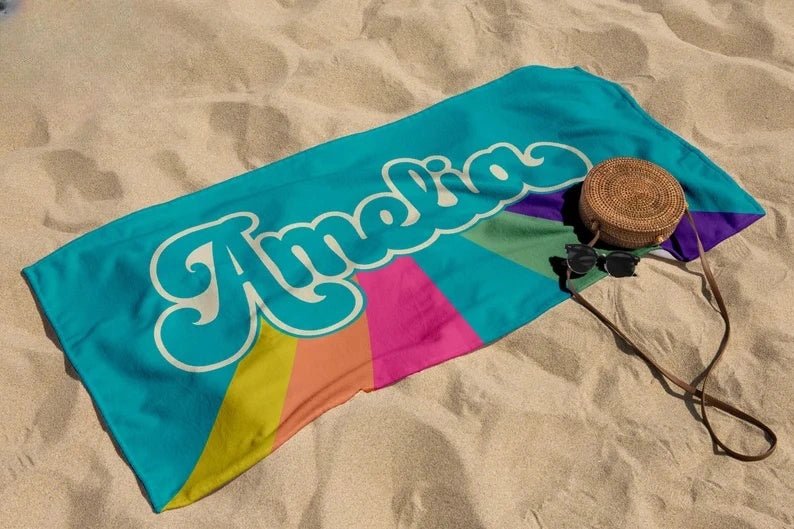 Groovy Retro Style Personalized Beach Towel, Multicolor Custom Pool Towel, 70s Birthday Vacation Gift, 90s Bachelorette, Bridesmaid Towel 69100800 - DiyGiftly