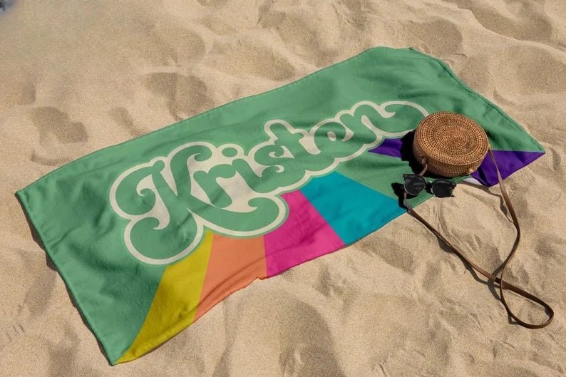 Groovy Retro Style Personalized Beach Towel, Multicolor Custom Pool Towel, 70s Birthday Vacation Gift, 90s Bachelorette, Bridesmaid Towel 69100800 - DiyGiftly
