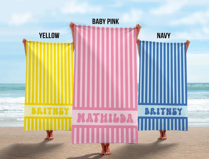 Groovy Striped Personalized Beach Towel, Kids Pool Party Towels, Retro Style Bridesmaid Towel, Birthday Vacation Gift, Swimming Club Towel 41787392 - DiyGiftly