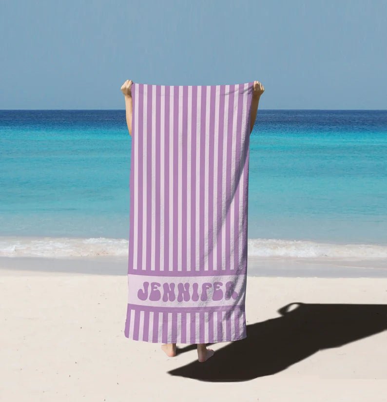 Groovy Striped Personalized Beach Towel, Kids Pool Party Towels, Retro Style Bridesmaid Towel, Birthday Vacation Gift, Swimming Club Towel 41787392 - DiyGiftly