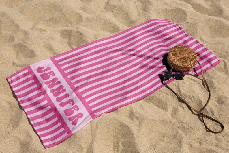Groovy Striped Personalized Beach Towel, Kids Pool Party Towels, Retro Style Bridesmaid Towel, Birthday Vacation Gift, Swimming Club Towel 41787392 - DiyGiftly
