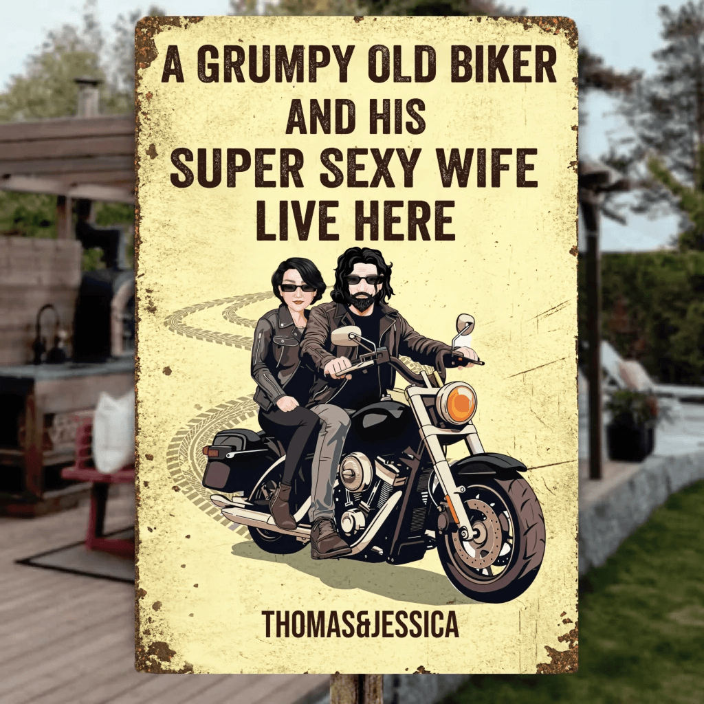 Grumpy Biker And His Wife Live Here - Personalized Custom Metal Sign 737788 - 737791 - DiyGiftly