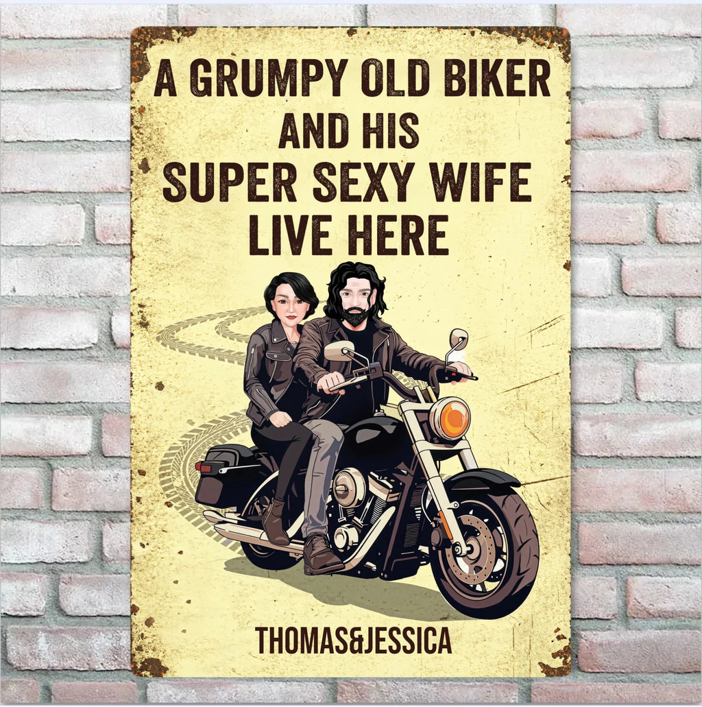 Grumpy Biker And His Wife Live Here - Personalized Custom Metal Sign 737788 - 737791 - DiyGiftly