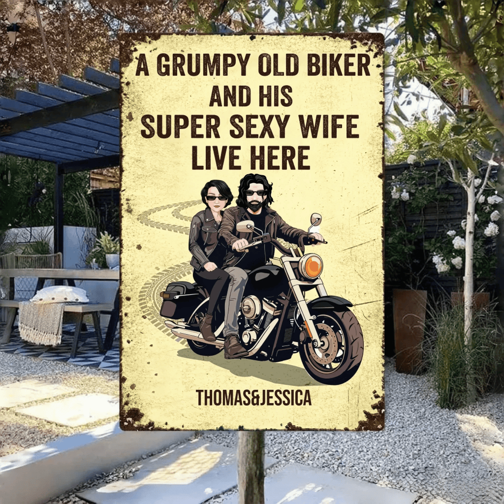 Grumpy Biker And His Wife Live Here - Personalized Custom Metal Sign 737788 - 737791 - DiyGiftly