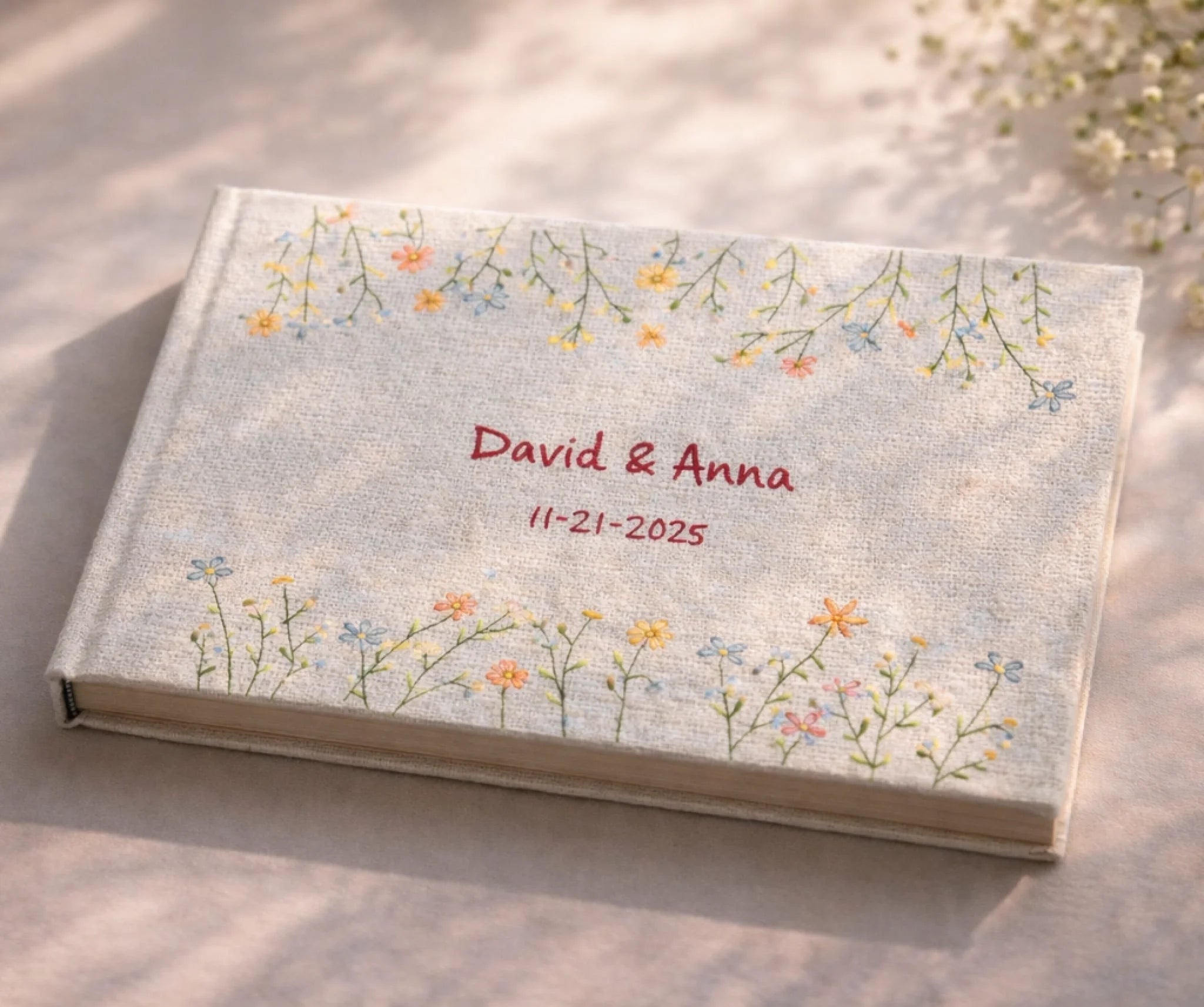 Hand Embroidered Flowers Linen Wedding Guest Book - Custom Personalized Landscape Notebook, Memory Book & Hardbound Scrapbook 1120882 - DiyGiftly