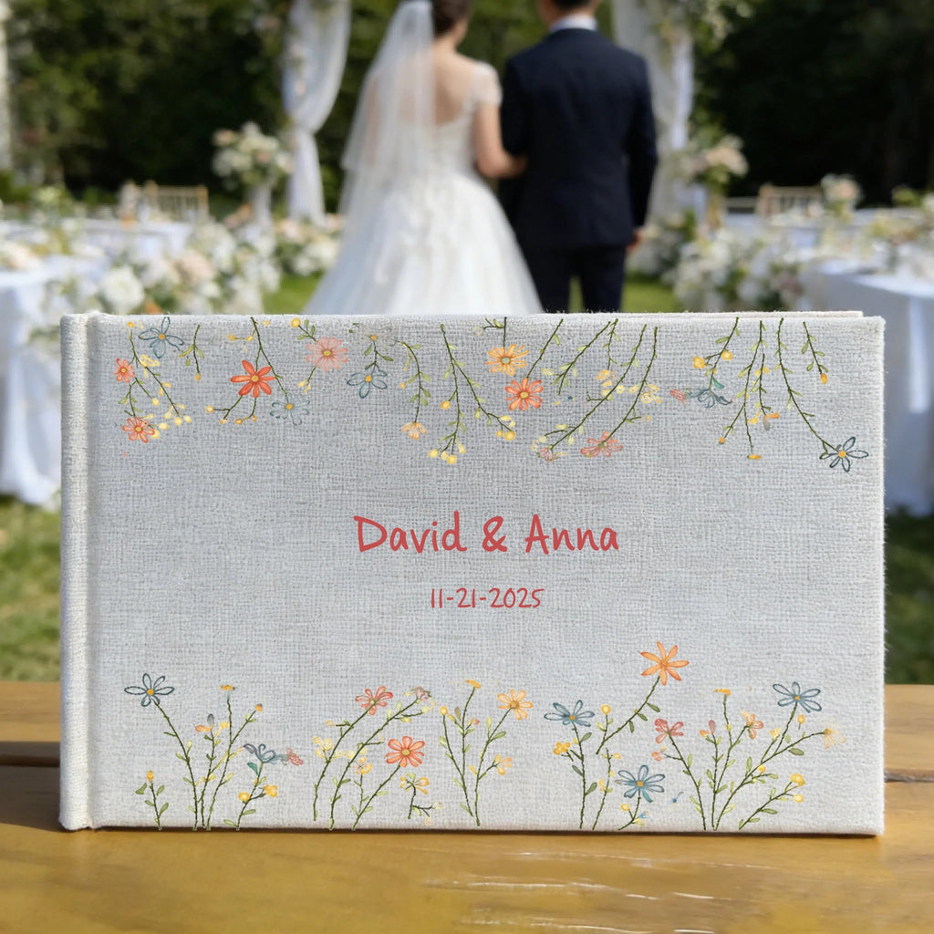 unique hand embroidered flowers linen wedding guest book landscape close up